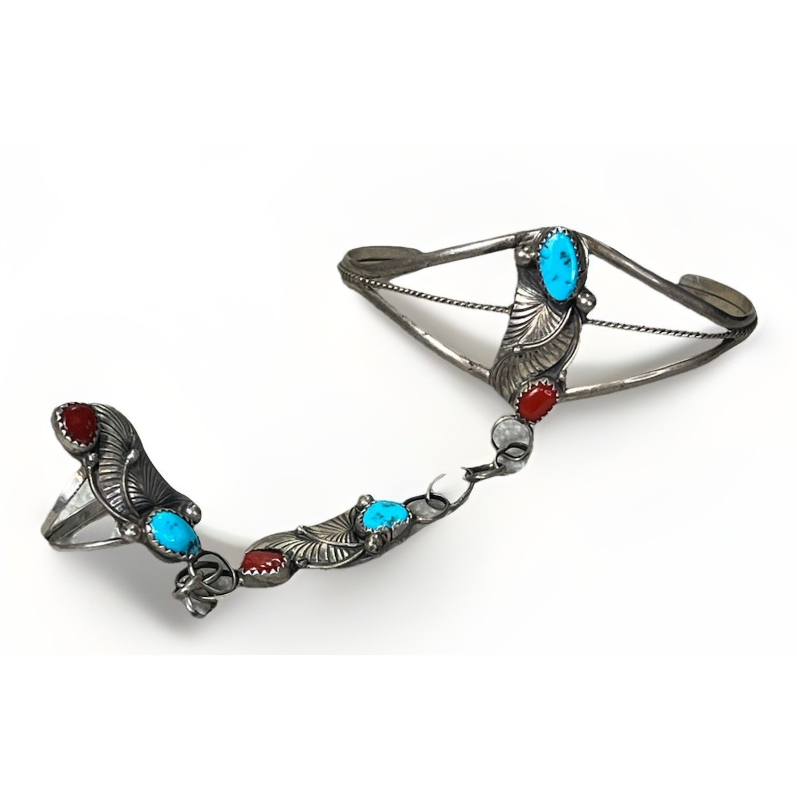 Vtg Native American Slave Cuff Bracelet Ring Coral Turquoise On Sterling Silver